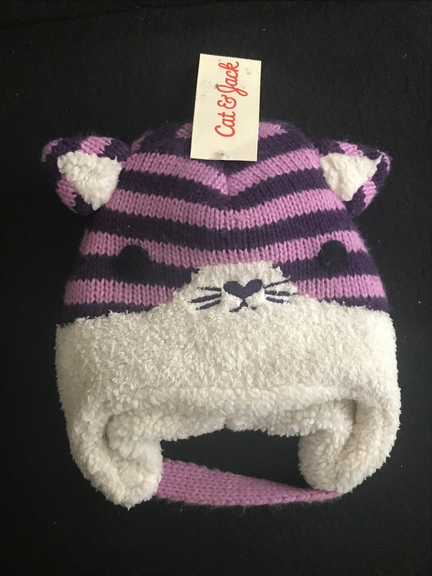 Cat Face Purple Stripe Fur Lined Hat
